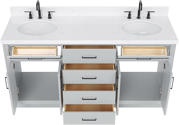 ARIEL Hepburn 66-inch Bathroom Vanity with Sink,Solid Wood, 1.5-inch Carrara White Quartz Countertop & Backsplash, Double Oval Porcelain Sink, 4 Soft Closing Doors, 6 Dovetail Drawers, Grey