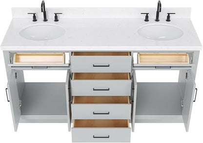 ARIEL Hepburn 66-inch Bathroom Vanity with Sink,Solid Wood, 1.5-inch Carrara White Quartz Countertop & Backsplash, Double Oval Porcelain Sink, 4 Soft Closing Doors, 6 Dovetail Drawers, Grey