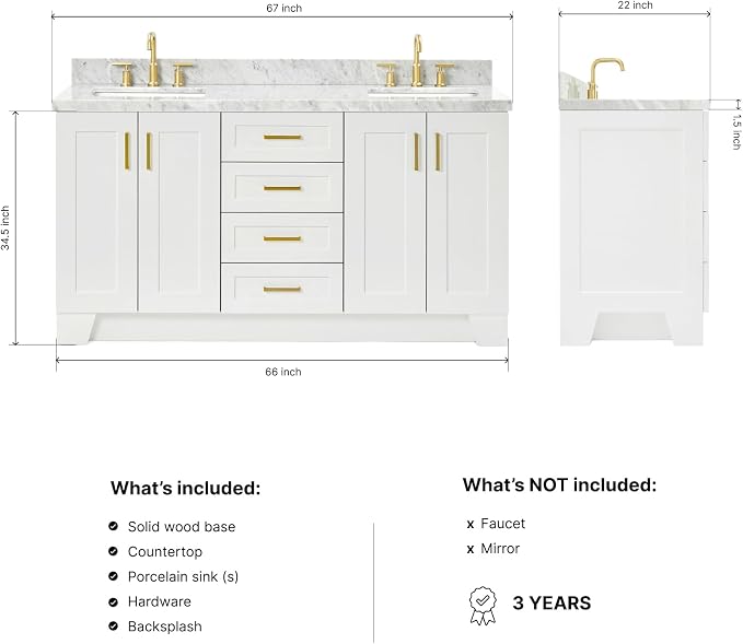 Emilia 66" White Double Bathroom Vanity, 1.5" Edge Italian Carrara Marble Countertop, Rectangular Sinks, 4 Soft Closing Doors, 6 Full Extension Dovetail Drawers, Satin Brass