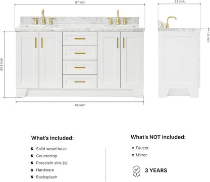 Emilia 66" White Double Bathroom Vanity, 1.5" Edge Italian Carrara Marble Countertop, Rectangular Sinks, 4 Soft Closing Doors, 6 Full Extension Dovetail Drawers, Satin Brass