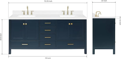 ARIEL Cambridge 72-inch Bathroom Vanity with Sink,Solid Wood, 1.5-inch Carrara White Quartz Countertop, Double Rectangular Porcelain Sink, 4 Soft Closing Doors, 6 Dovetail Drawers, Midnight Blue