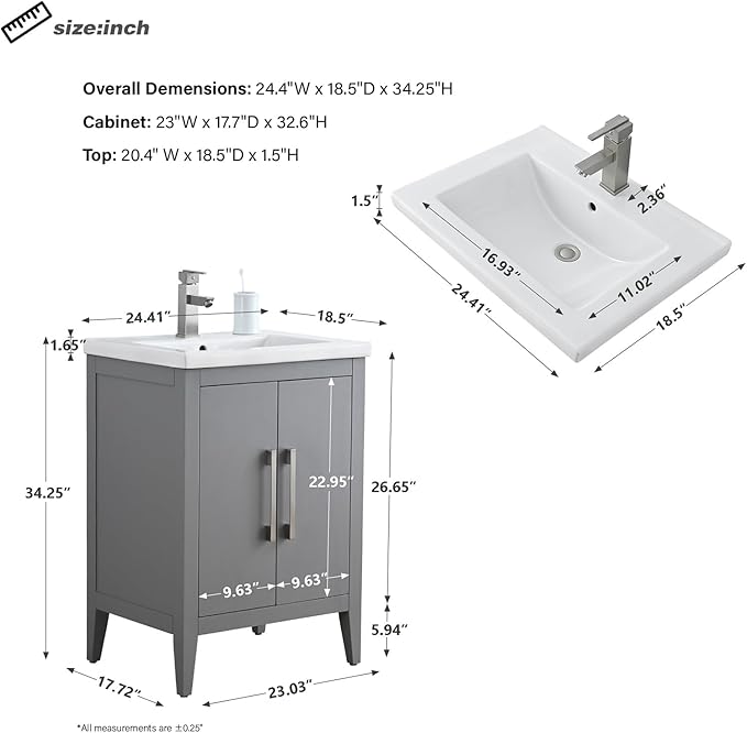 HomeBeyond 24 Inch Bathroom Vanity with Sink & Ceramic Top, Single Vanity Cabinet with Basin, Soft-Closing Doors & Matte Black Hardware, Grey