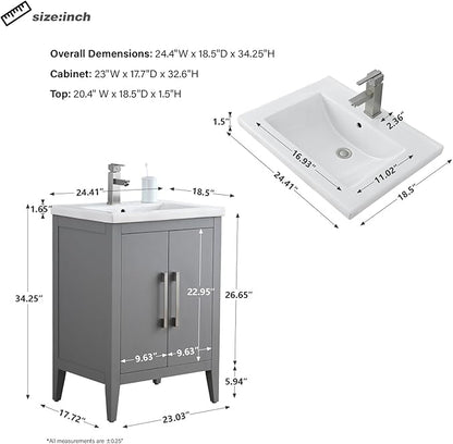 HomeBeyond 24 Inch Bathroom Vanity with Sink & Ceramic Top, Single Vanity Cabinet with Basin, Soft-Closing Doors & Matte Black Hardware, Grey