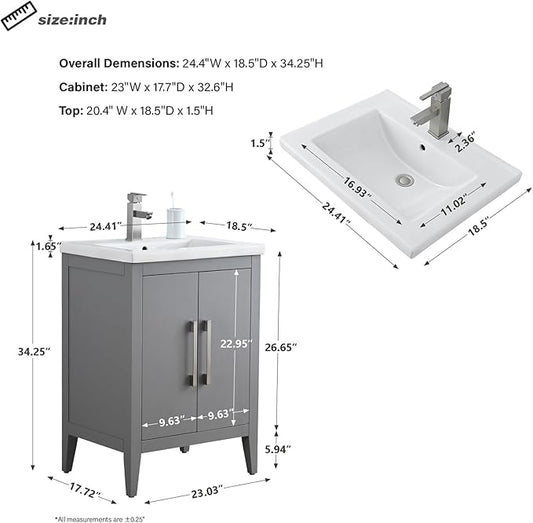 HomeBeyond 24 Inch Bathroom Vanity with Sink & Ceramic Top, Single Vanity Cabinet with Basin, Soft-Closing Doors & Matte Black Hardware, Grey