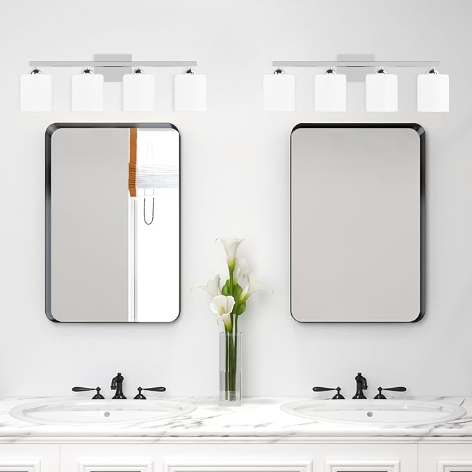 Quntis Chrome Bathroom Light Fixtures Over Mirror 5 Colors Adjustable, 4-Light LED Bathroom Vanity Lighting with Milky White Frosted Glass Shade, Energy-Saving LED Vanity Light 28.3 inch
