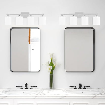 Quntis Chrome Bathroom Light Fixtures Over Mirror 5 Colors Adjustable, 4-Light LED Bathroom Vanity Lighting with Milky White Frosted Glass Shade, Energy-Saving LED Vanity Light 28.3 inch