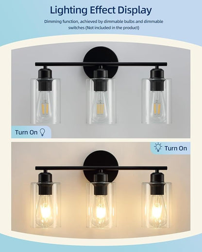 3 Light Bathroom Vanity Light, Black Vanity Lights for Bathroom, Modern Light Fixtures Over Mirror with Clear Glass Shade, Wall Sconce Lighting for Bedroom Living Room Hallway