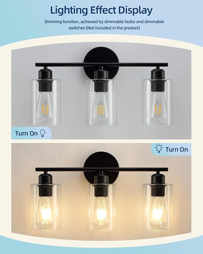 3 Light Bathroom Vanity Light, Black Vanity Lights for Bathroom, Modern Light Fixtures Over Mirror with Clear Glass Shade, Wall Sconce Lighting for Bedroom Living Room Hallway