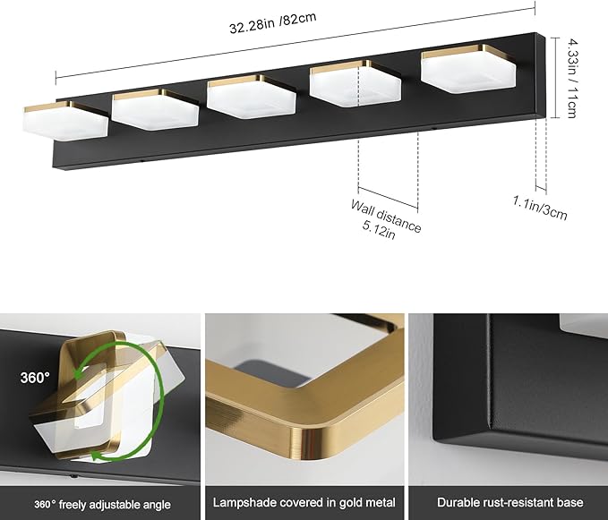 Bathroom Vanity Light - 5-Lights LED 30W - Dimmable Over Mirror Light Fixture for Brightening Your Bath - Gold and Black Wall Sconces with Acrylic Lampshade - Daylight 5500K