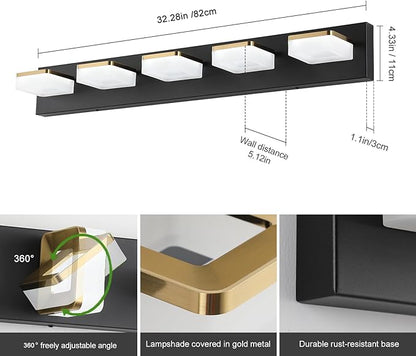 Bathroom Vanity Light - 5-Lights LED 30W - Dimmable Over Mirror Light Fixture for Brightening Your Bath - Gold and Black Wall Sconces with Acrylic Lampshade - Daylight 5500K