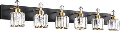 PRESDE Crystal 6 Light Bathroom Vanity Lights Black and Gold Bathroom Lights Fixtures Over Mirror Modern Bedroom Hallway