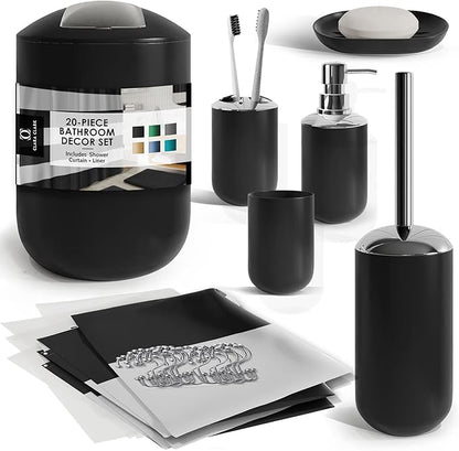 Clara Clark Bathroom Set - Black Bathroom Accessories Set, 20PC Bathroom Accessory Set, Shower Curtain Set, Soap Dispenser, Toilet Brush, & Trash Can