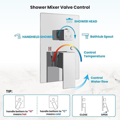 gotonovo Tub Shower Faucet Set with Valve Kit 8’’ Head,Polished Chrome | Shower System with Tub Spout,SUS304 Rain Head with Handheld Sprayer,Swivel Spout,All Metal,Rough-In Valve Trim Kit,Wall Mount