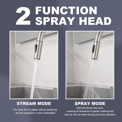 Brushe Nickel Bathroom Sink Faucet with Pull Down Sprayer | 2 Mode Sprayer, with Deck Plate for 1 or 3 Hole, 360° Swivel, with Pop Up Drain for Vanity Bar RV Basin Laundry Kitchen