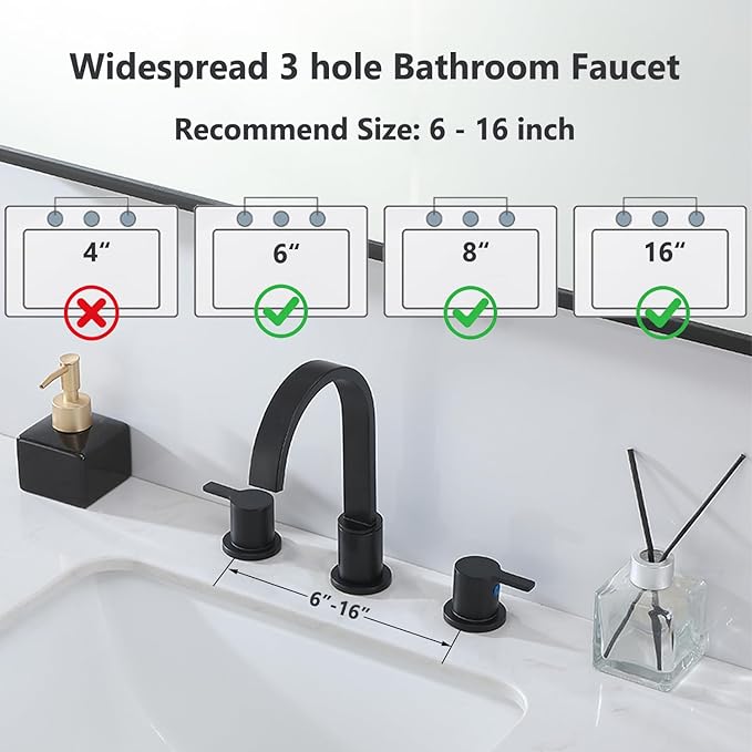 Matte Black Bathroom Faucet 3 Hole, 8 Inch Widespread 360° Swivel Waterfall Spout Two-Handle Bathroom Faucets with Water Hoses and Pop-up Drain for Sink Bath Vanity Lavatory VAL088BRH