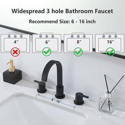 Matte Black Bathroom Faucet 3 Hole, 8 Inch Widespread 360° Swivel Waterfall Spout Two-Handle Bathroom Faucets with Water Hoses and Pop-up Drain for Sink Bath Vanity Lavatory VAL088BRH