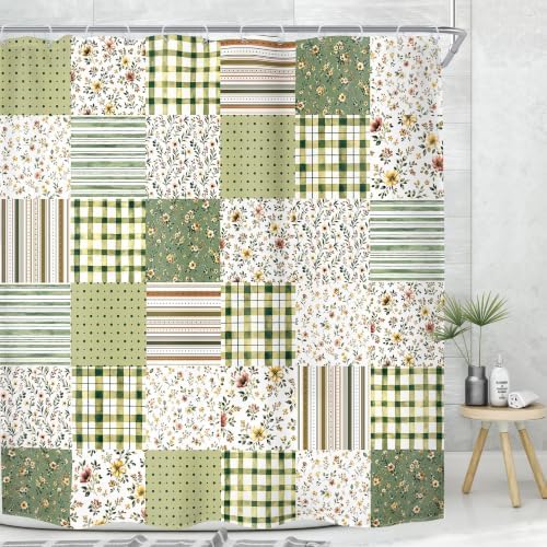 MESHELLY Dark Green Floral Patchwork Shower Curtain 72Wx72H Vintage Checkered Sage Plaid Striped Country Gingham Bathroom Curtain Farmhouse Bath Curtain Bathroom Accessories Decor with 12 Hooks