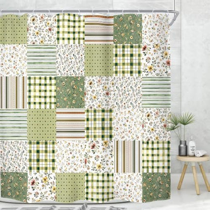 MESHELLY Dark Green Floral Patchwork Shower Curtain 72Wx72H Vintage Checkered Sage Plaid Striped Country Gingham Bathroom Curtain Farmhouse Bath Curtain Bathroom Accessories Decor with 12 Hooks