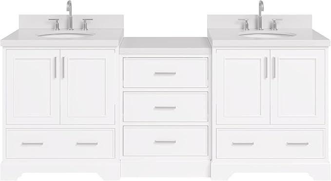 ARIEL Stafford 84-inch Bathroom Vanity with Sink,Solid Wood, 1.5in Pure White Quartz Countertop & Backsplash, Double Oval Porcelain Sink, 4 Soft Closing Doors, 5 Dovetail Drawers, White