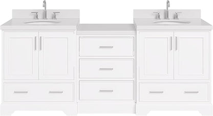 ARIEL Stafford 84-inch Bathroom Vanity with Sink,Solid Wood, 1.5in Pure White Quartz Countertop & Backsplash, Double Oval Porcelain Sink, 4 Soft Closing Doors, 5 Dovetail Drawers, White