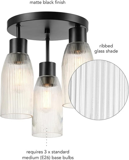 Globe Electric 66000133 3-Light Flush Mount Ceiling Light, Matte Black, Clear Ribbed Glass, Home Improvement, Dining/Kitchen