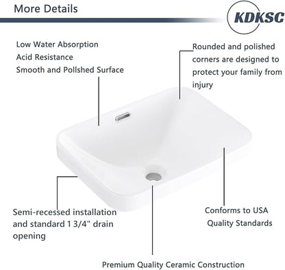Bathroom Vessel Sink 18.2'' x 13.3'' Small Semi Recessed Bathroom Sink Rectangular Drop In Sink with Overflow White Ceramic Modern Vessel Sinks for Bathroom