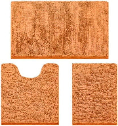 HOMEIDEAS Orange Chenille Bathroom Rugs Set of 3, Non Slip Bath Mat