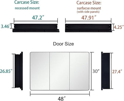 Bathroom Mirror Medicine Cabinet with Round Corner Framed Door 48 x 30 inch, Black，Recessed or Surface Mount, with Adjustable Glass Shelves
