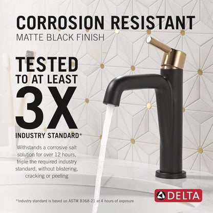 Delta Nicoli Matte Black/ Brushed Gold Bathroom Faucet 1 Hole, Single Hole Bathroom Sink Faucet for Vanity, Push-Pop Drain Assembly, Matte Black/ Champagne Bronze 15849LF-GZ