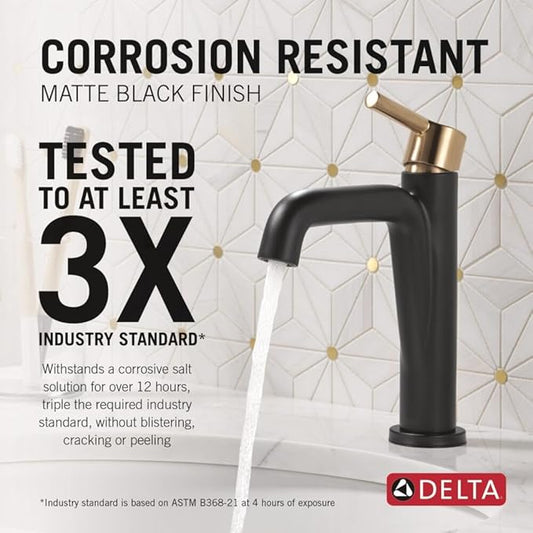 Delta Nicoli Matte Black/ Brushed Gold Bathroom Faucet 1 Hole, Single Hole Bathroom Sink Faucet for Vanity, Push-Pop Drain Assembly, Matte Black/ Champagne Bronze 15849LF-GZ