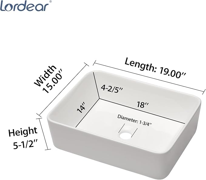Lordear Vessel Sink Rectangle 19 Inch Bathroom Sink,Rectangular Modern Above Counter Bathroom Sinks White 19x15 Inch Porcelain Ceramic Vessel Vanity Sink Art Basin