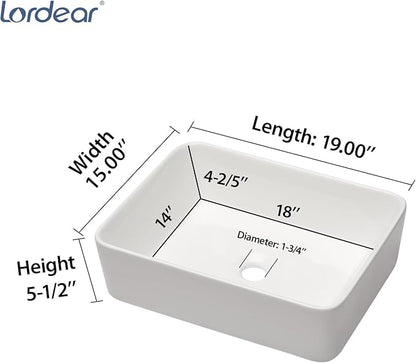 Lordear Vessel Sink Rectangle 19 Inch Bathroom Sink,Rectangular Modern Above Counter Bathroom Sinks White 19x15 Inch Porcelain Ceramic Vessel Vanity Sink Art Basin