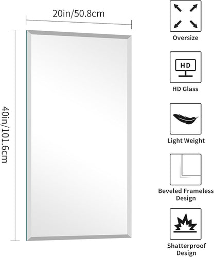 KOCUUY Beveled Mirror, 20x40 Inch Frameless Bathroom Mirror for Over Sink, Upgraded Shatterproof Beveled Unframed Design Mirror for Bathroom, Bedroom, Hang Horizontal/Vertical