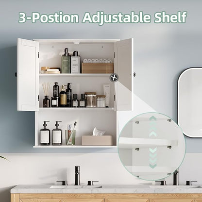 Bathroom Wall Cabinet, 30" x 24" White Painted Finish Wooden Wall Mounted Medicine Cabinet with 3 Level Adjustable Shelf, Over the Toilet Storage Cabinet, Wall Storage Cabinet for Bathroom