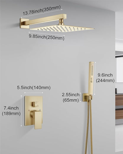 Shower Faucet Set Rainfall Shower System with Square Showerhead and Handle Set Fixture with 2 in 1 Function Handheld Sprayer Wall Mounted Trim Repair Kit Rough-in Valve 10 Inch Brushed Gold