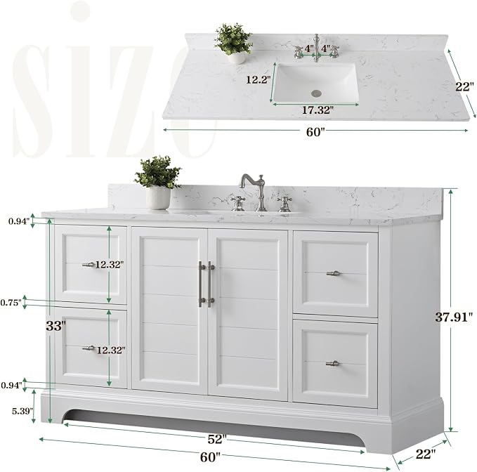 Vanity Art 60 Inch Bathroom Vanity with Single Sink, White | Solid Wood, Ceramic Sink, Marble Top, Waterproof Backsplash, Pre-assembled, Soft-close Doors, Ample Storage, Freestanding