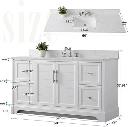 Vanity Art 60 Inch Bathroom Vanity with Single Sink, White | Solid Wood, Ceramic Sink, Marble Top, Waterproof Backsplash, Pre-assembled, Soft-close Doors, Ample Storage, Freestanding