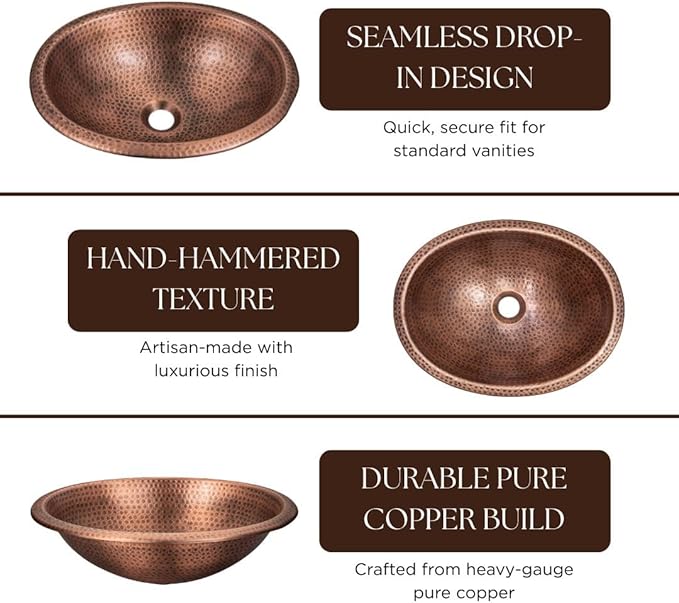 Monarch Abode Bathroom Sink – 17-Inch Oval Drop In Bathroom Sink, Top Mount Hand Hammered Pure Copper Vanity Sinks for Countertop, Powder Room, Guest Bath or Restroom, Drop in Sinks for Bathrooms