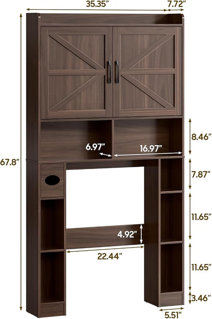 Vabches Over The Toilet Storage Cabinet with Barn Doors, Espresso | Toilet Cabinet Rack, Space Saving Bathroom Organizer with Shelves, Toilet Paper Holder and Towel Rack for Bathroom,Laundry.