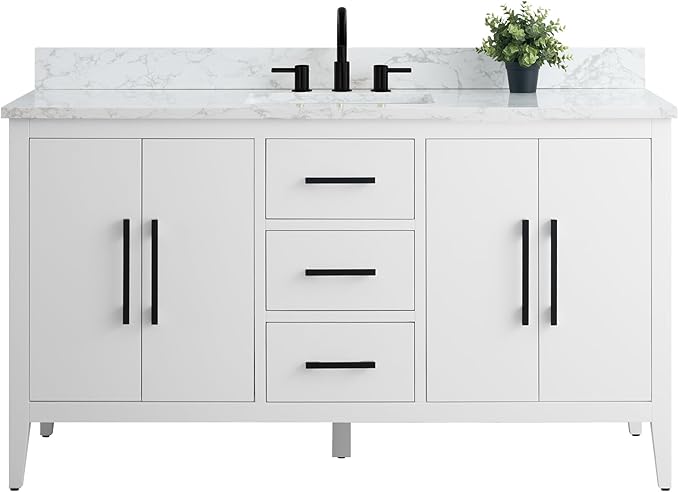 HomeBeyond 60 Inch Bathroom Vanity with Sink & Ceramic Top, Single Vanity Cabinet with Basin, Soft-Closing Doors & Matte Black Hardware, White