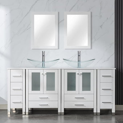 LUCKWIND 72" Double 24-in Bathroom Vanity with Sink Combo, Elegant Series with Two 12.6-in Side Cabinets, Painted Frame, Including Clear Boat Sinks, Faucets Without Mirrors, White