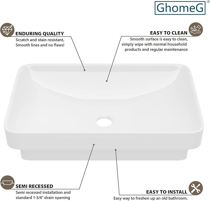 Vessel Bathroom Sink 19 x 12 Inch Semi Recessed Sink Rectangular White Ceramic Vessel Sink Modern Vanity Sink Bath Wash Hand Basin