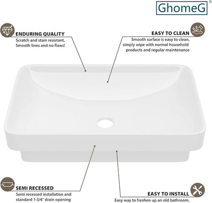 Vessel Bathroom Sink 19 x 12 Inch Semi Recessed Sink Rectangular White Ceramic Vessel Sink Modern Vanity Sink Bath Wash Hand Basin