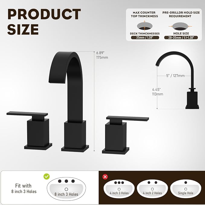 8 Inch Widespread Waterfall Matte Black Bathroom Faucet,3 Hole Vanity Faucet with Pop Up Drain and Water Supply Line, WF011-MB