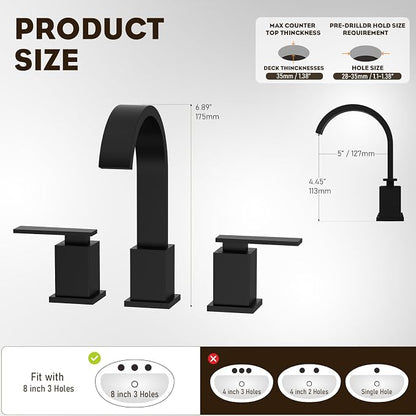 8 Inch Widespread Waterfall Matte Black Bathroom Faucet,3 Hole Vanity Faucet with Pop Up Drain and Water Supply Line, WF011-MB