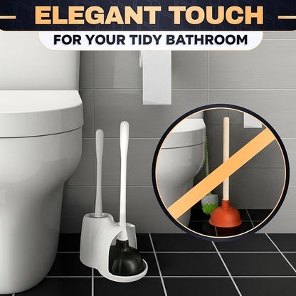 15.2" Toilet Brush and Plunger Set with Holder, Nylon Bristles, (White) | Toilet Bowl Brush, Holder and Plunger, Easy to Place and Simple to Store After Use, Compact Accessory for Small Spaces