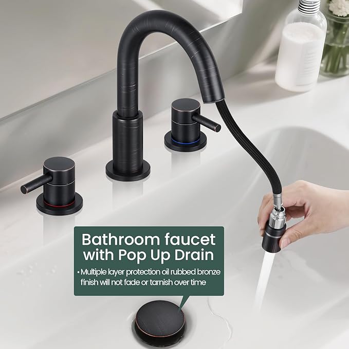 Pull Down Bathroom Faucet for Sink 3 Hole,8 inch Widespread Oil Rubbed Bronze Bathroom Sink Faucet with Pop Up Drain, Water Supply Hoses