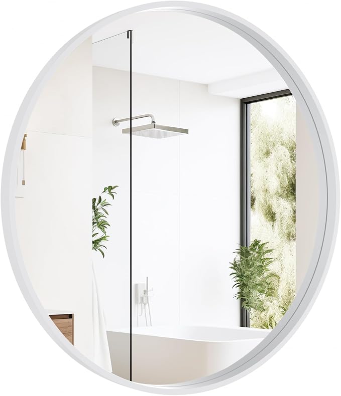 Round Wood Mirror 28 inch Circle Wall Mirror for Bathroom Round Wall Mirror for Wall Decor, Vanity, Entryway Living Room (White)