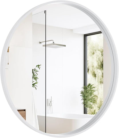 Round Wood Mirror 28 inch Circle Wall Mirror for Bathroom Round Wall Mirror for Wall Decor, Vanity, Entryway Living Room (White)