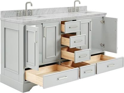 ARIEL Stafford 60-inch Bathroom Vanity with Sink,Solid Wood, 1.5-inch Italian Carrara Marble Countertop, Double Rectangular Porcelain Sink, 4 Soft Closing Doors, 6 Dovetail Drawers, Grey